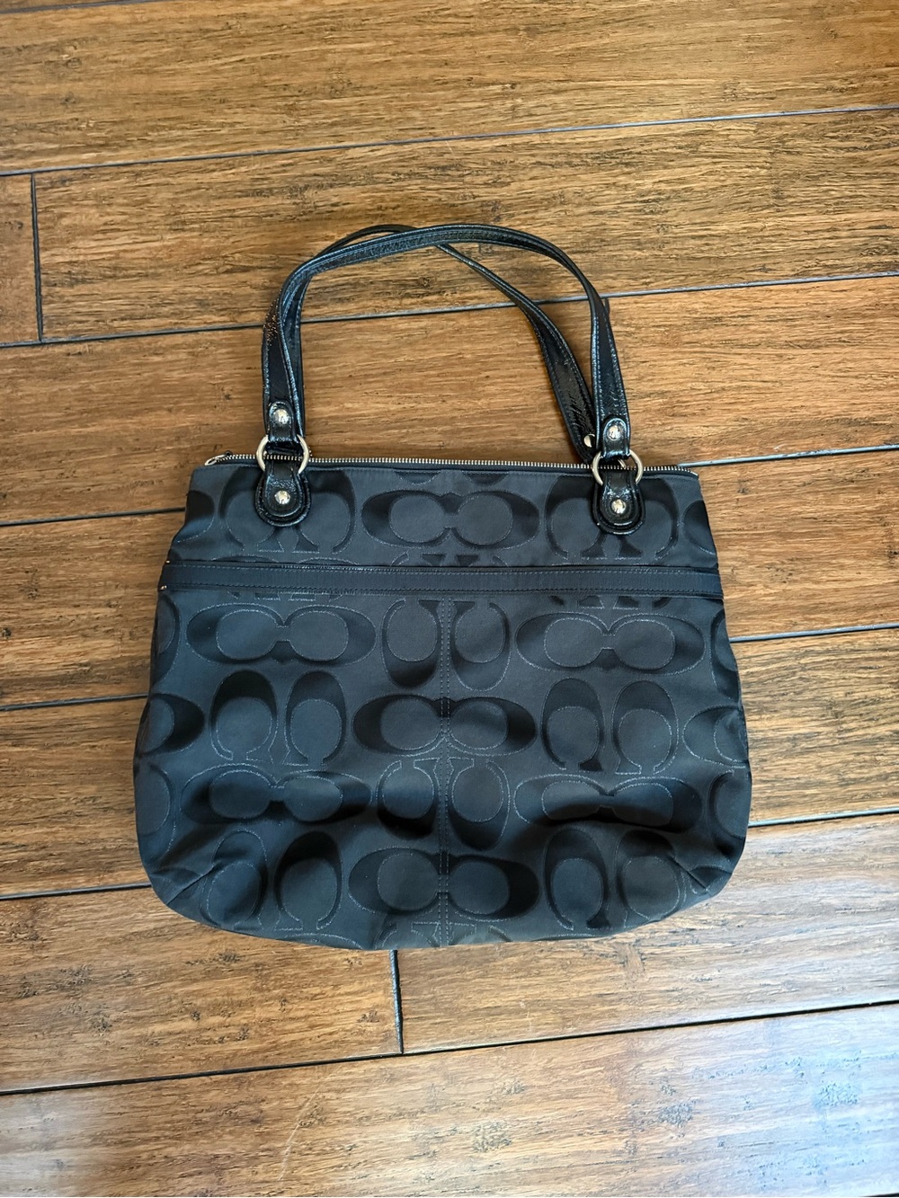 Coach Black Poppy Canvas Sateen Signature Tote Bag